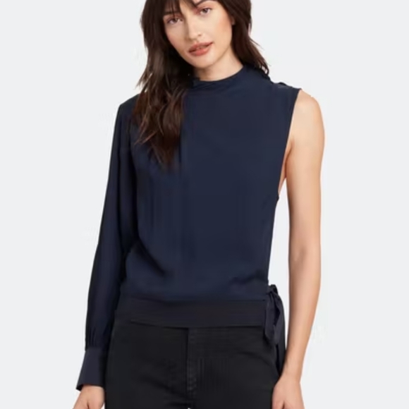 saimi Jeon Tops - Saimi Jeon Mock Neck Side Tie Blouse In Navy Size Medium